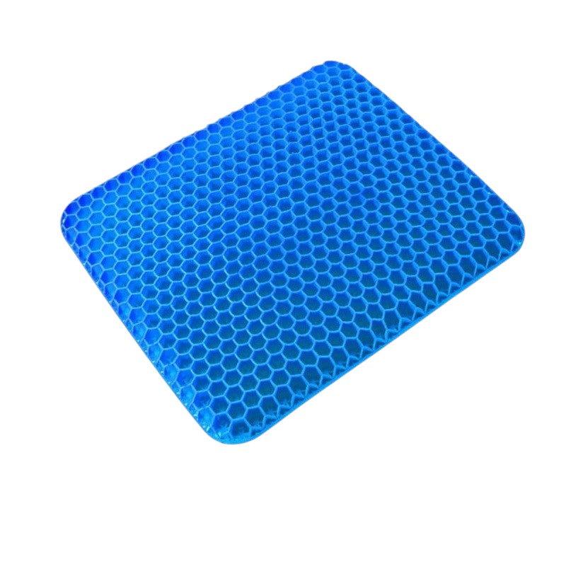 Midexa ErgoRelief Pro blå gel-sittdyna med bikakedesign för förbättrad luftcirkulation och tryckavlastning.